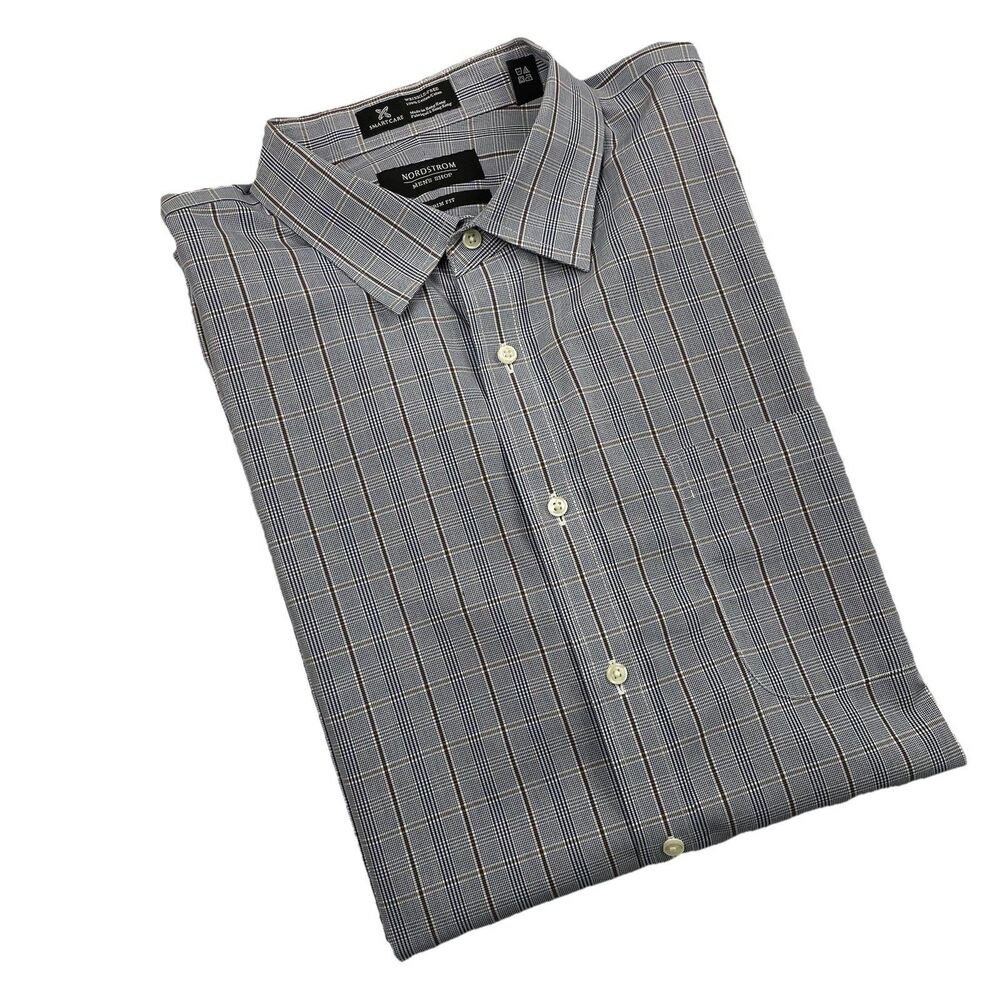 Nordstroms Mens Windowpane Button Up Long Sleeve Dress Shirt Trim Fit Blue-17.5